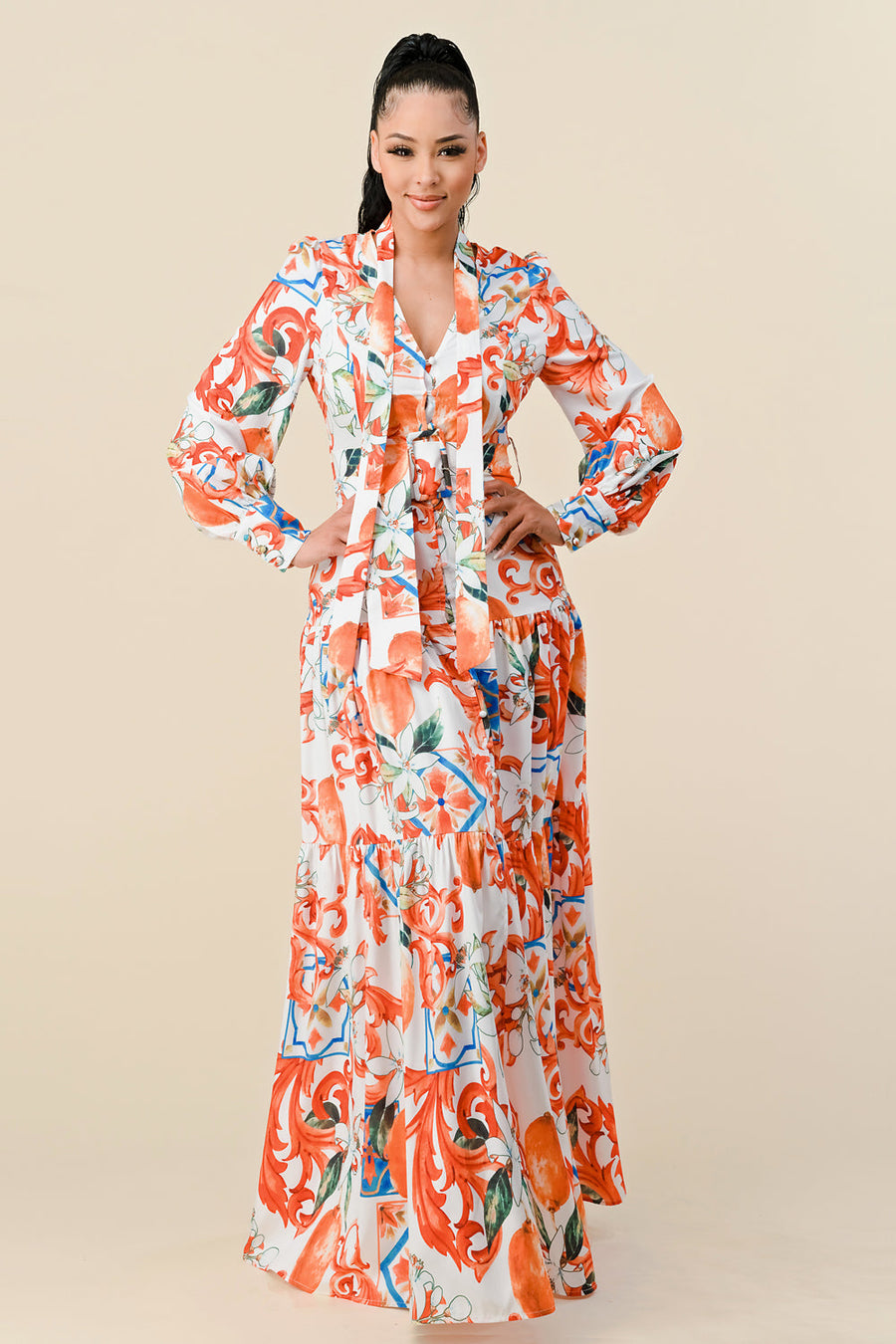 Formal Dresses Long Sleeve V Neck Print Maxi Dress Off White Combo