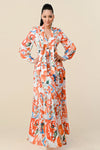 Formal Dresses Long Sleeve V Neck Print Maxi Dress Off White Combo