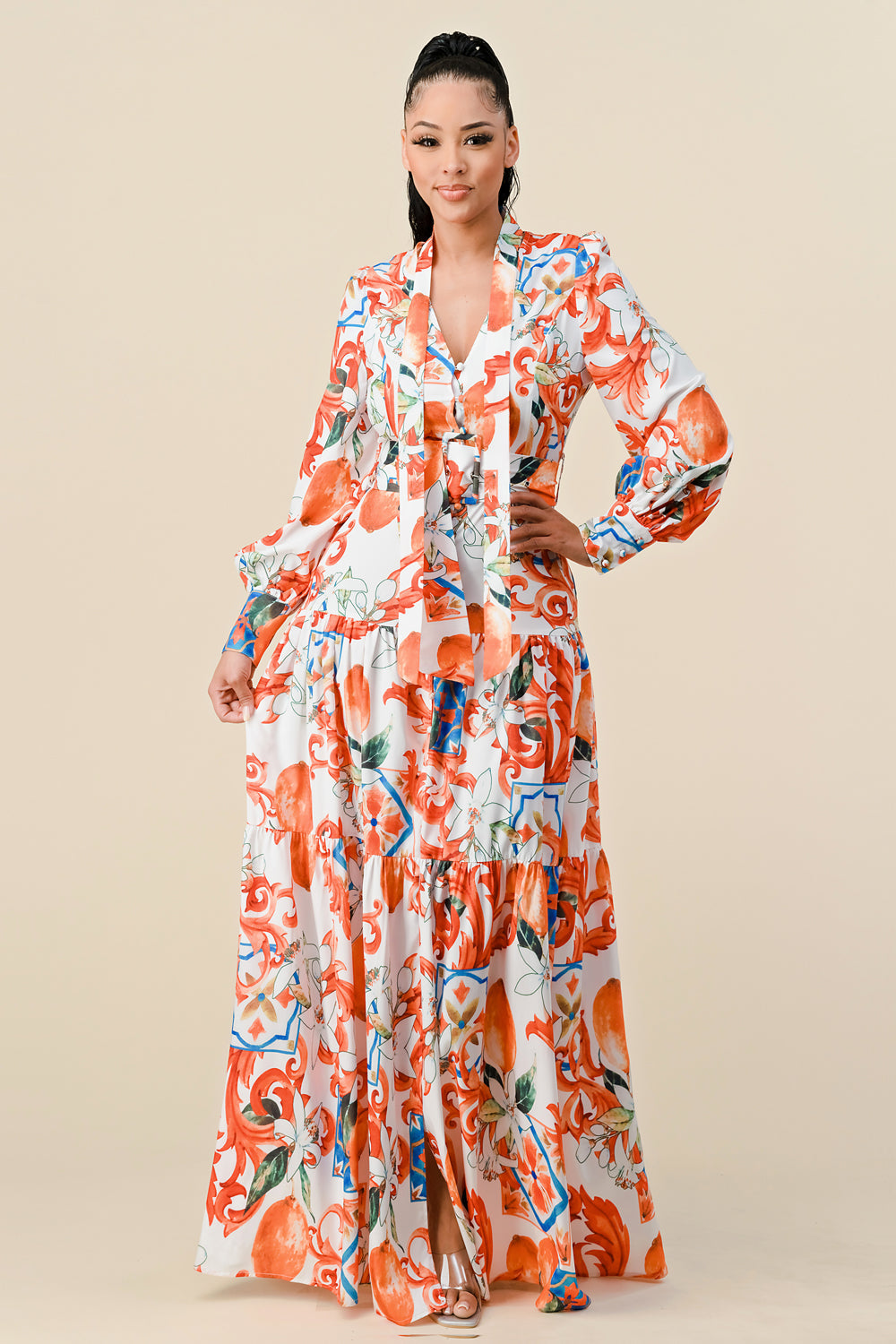 Formal Dresses Long Sleeve V Neck Print Maxi Dress Off White Combo