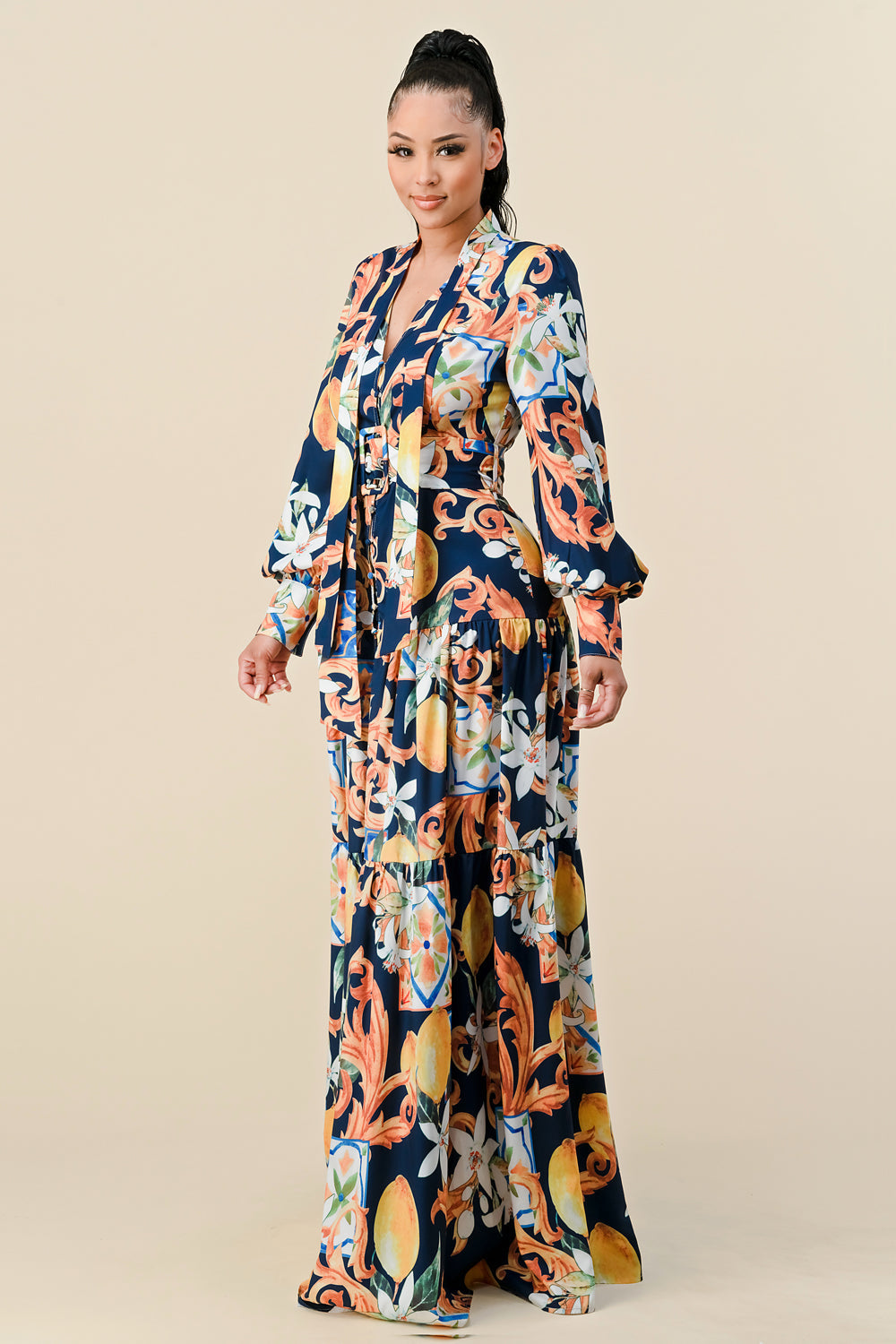 Formal Dresses Long Sleeve V Neck Print Maxi Dress Navy Combo