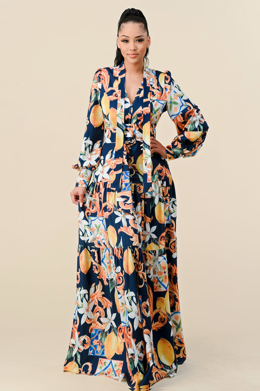 Formal Dresses Long Sleeve V Neck Print Maxi Dress Navy Combo