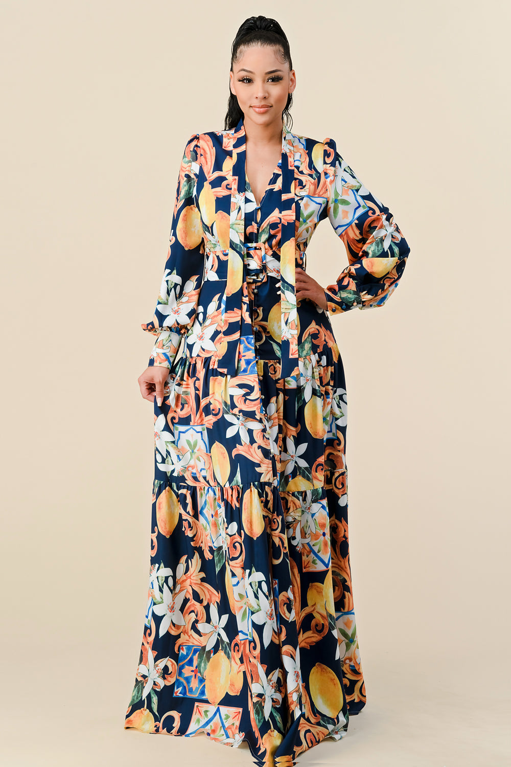 Formal Dresses Long Sleeve V Neck Print Maxi Dress Navy Combo