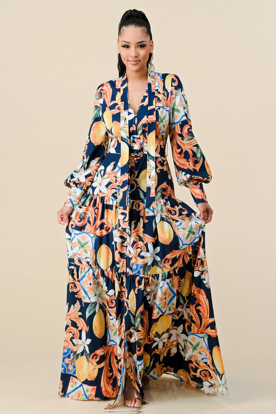 Formal Dresses Long Sleeve V Neck Print Maxi Dress Navy Combo