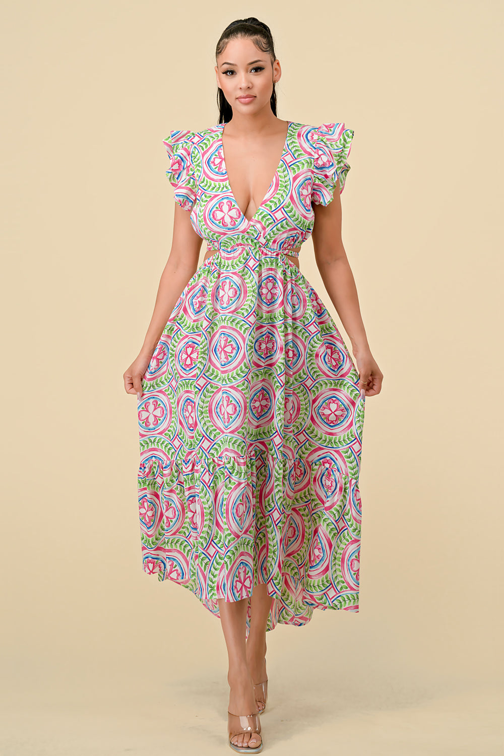 Formal Dresses V Neck Waist Cutout Printed Midi Dress Pink/Green