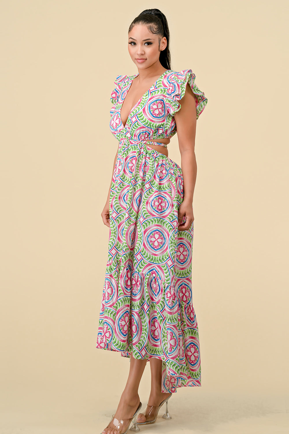 Formal Dresses V Neck Waist Cutout Printed Midi Dress Pink/Green