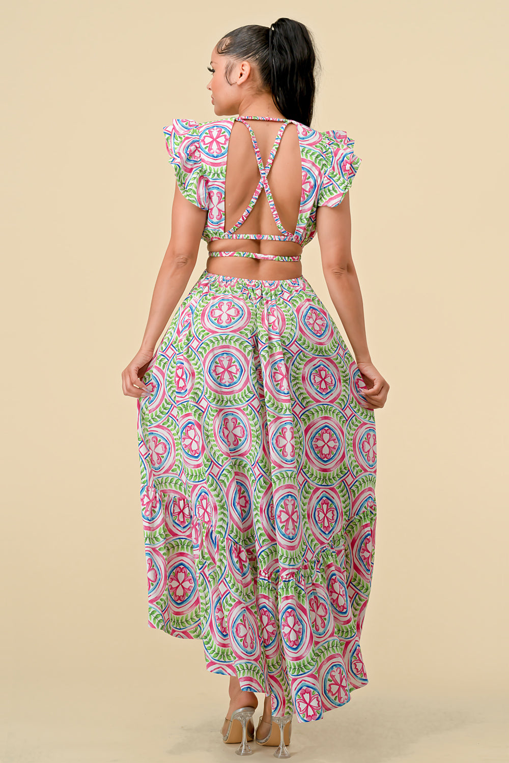 Formal Dresses V Neck Waist Cutout Printed Midi Dress Pink/Green