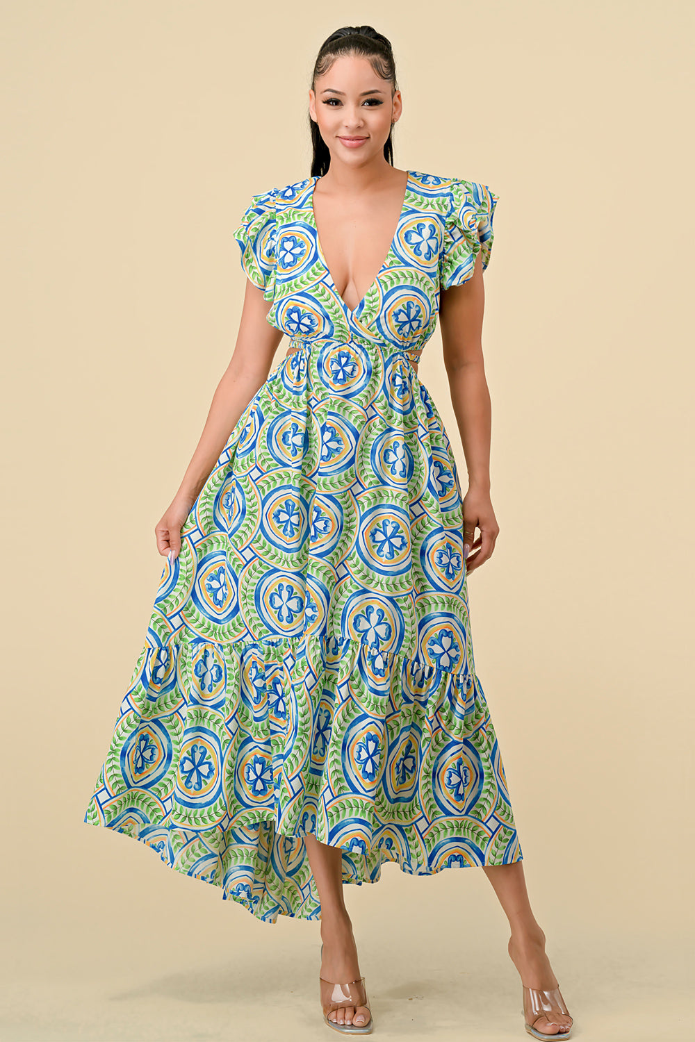 Formal Dresses V Neck Waist Cutout Printed Midi Dress Green/Blue
