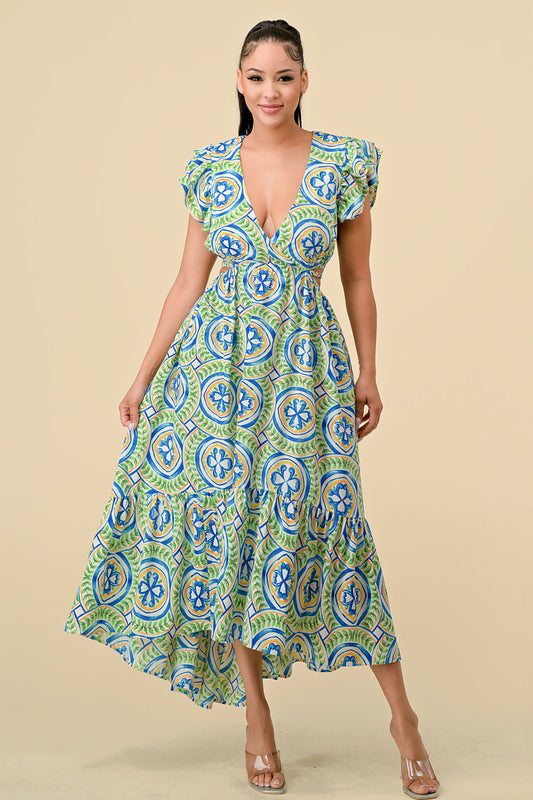 Formal Dresses V Neck Waist Cutout Printed Midi Dress Green/Blue