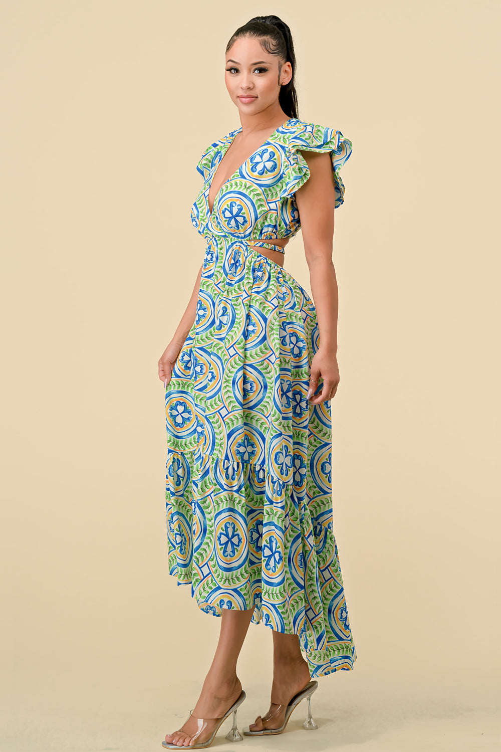 Formal Dresses V Neck Waist Cutout Printed Midi Dress Green/Blue