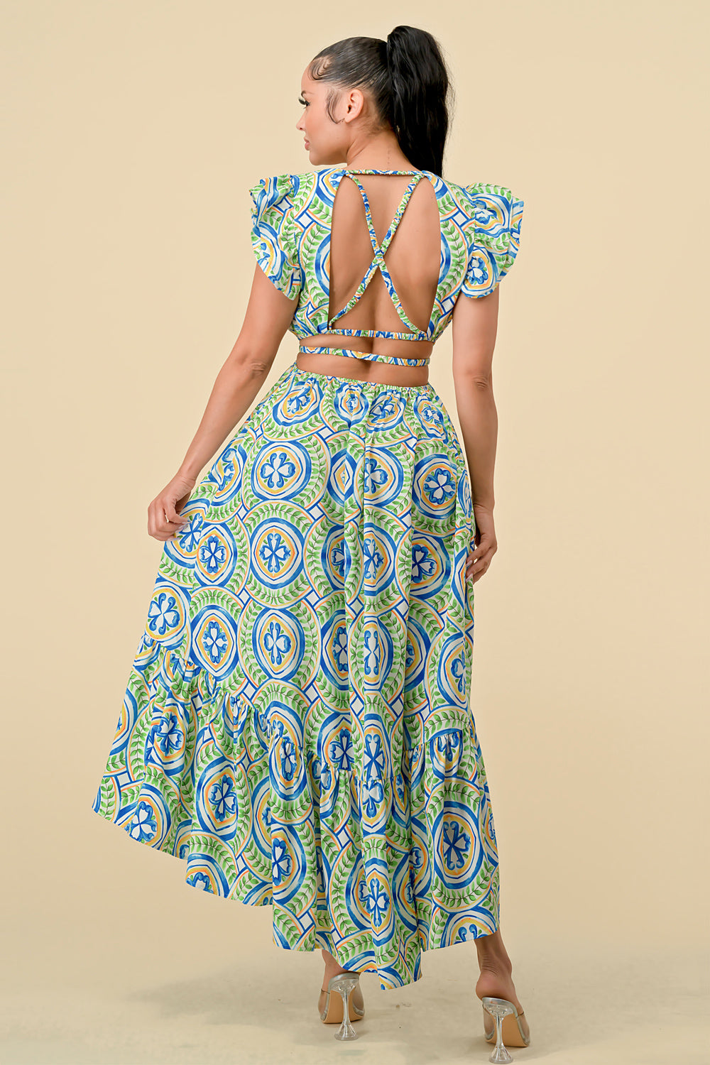 Formal Dresses V Neck Waist Cutout Printed Midi Dress Green/Blue