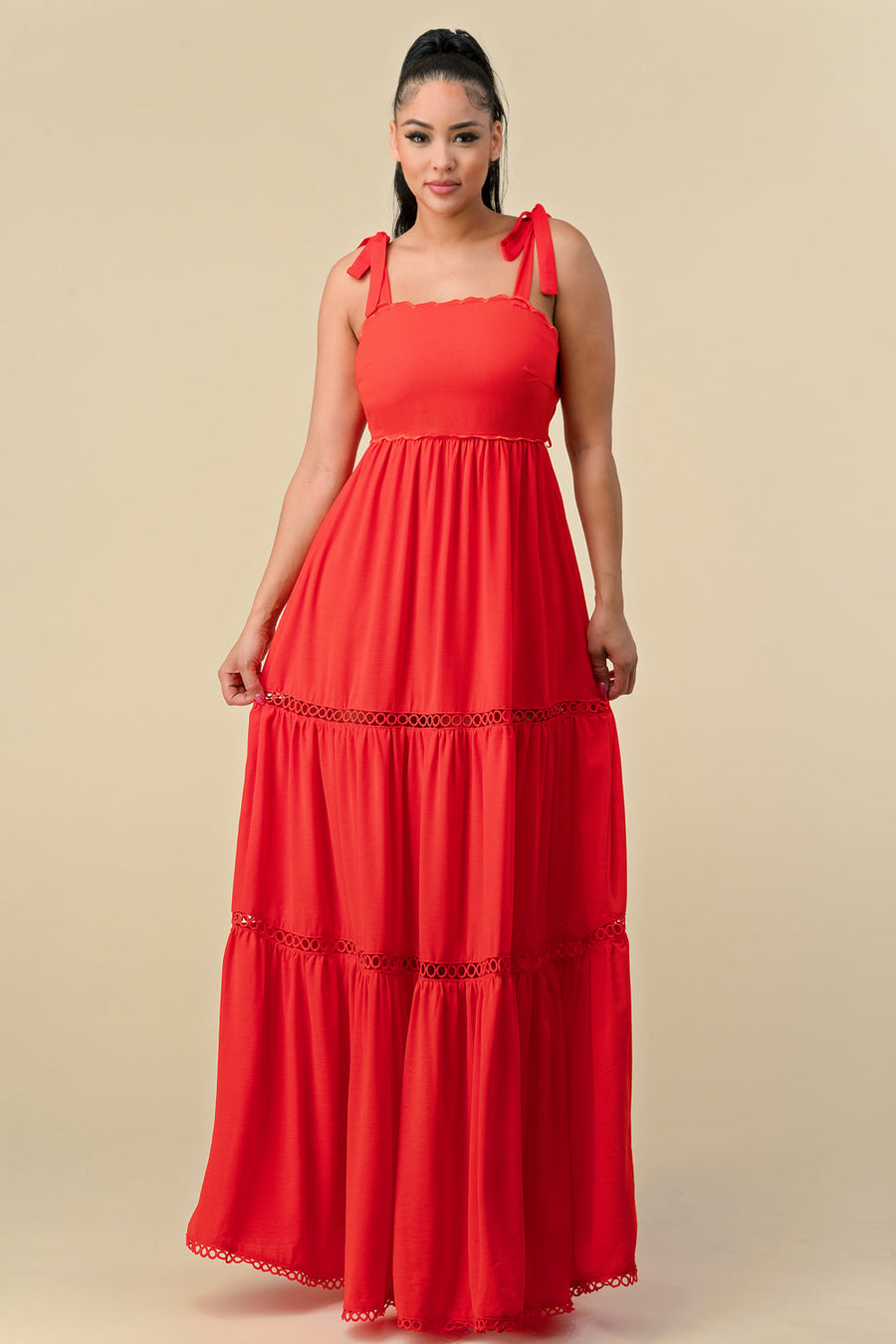 Formal Dresses Long Shoulder Tie Scallop Maxi Dress Tomato Red