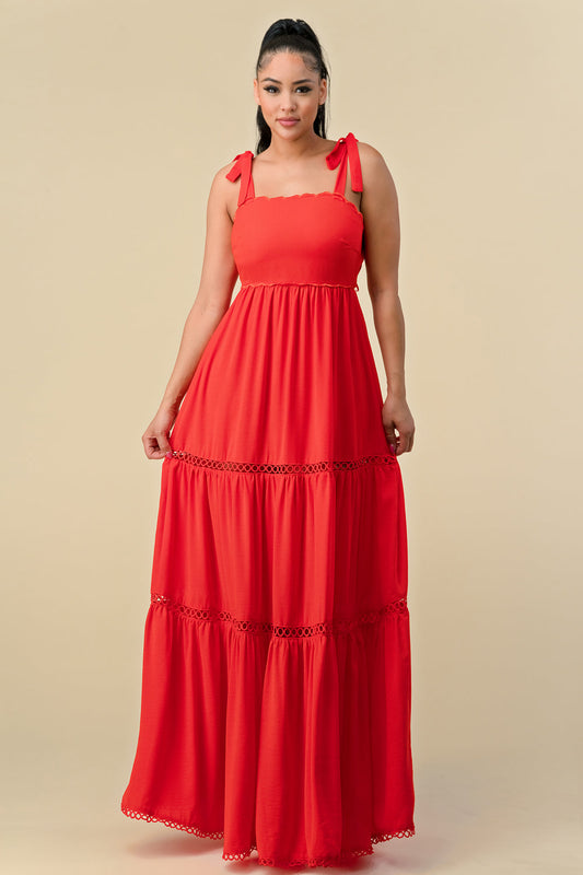 Formal Dresses Long Shoulder Tie Scallop Maxi Dress Tomato Red