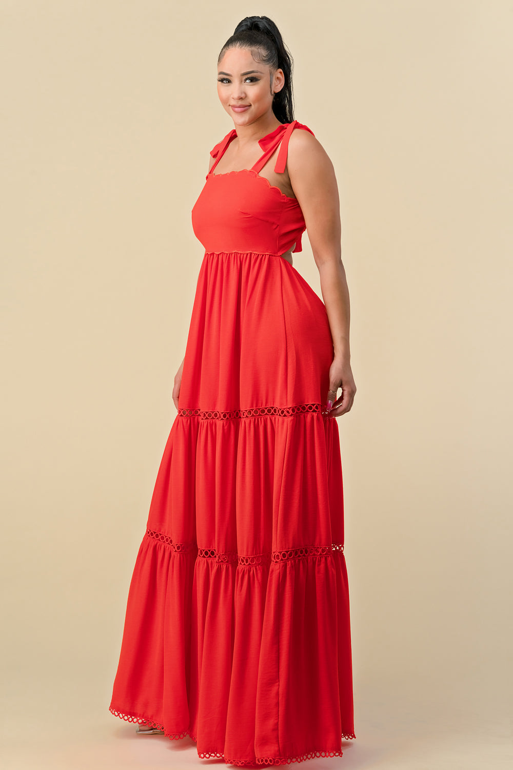 Formal Dresses Long Shoulder Tie Scallop Maxi Dress Tomato Red