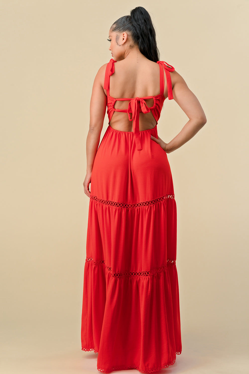Formal Dresses Long Shoulder Tie Scallop Maxi Dress Tomato Red