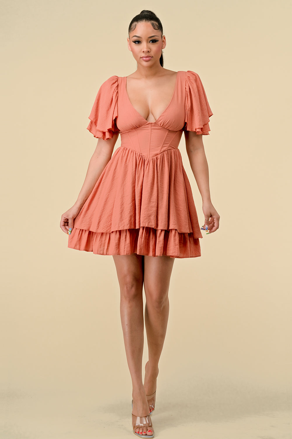 Cocktail Dresses Short Ruffle Sleeve V Neck Mini Dress Burnt Orange