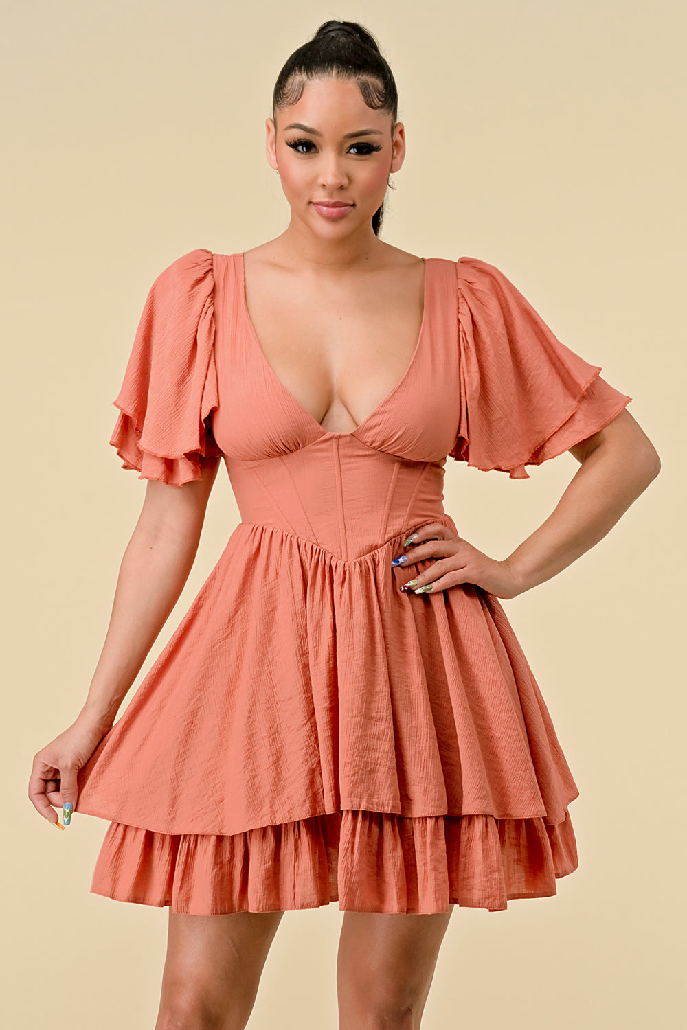 Cocktail Dresses Short Ruffle Sleeve V Neck Mini Dress Burnt Orange