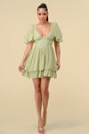 Cocktail Dresses Short Ruffle Sleeve V Neck Mini Dress Sage