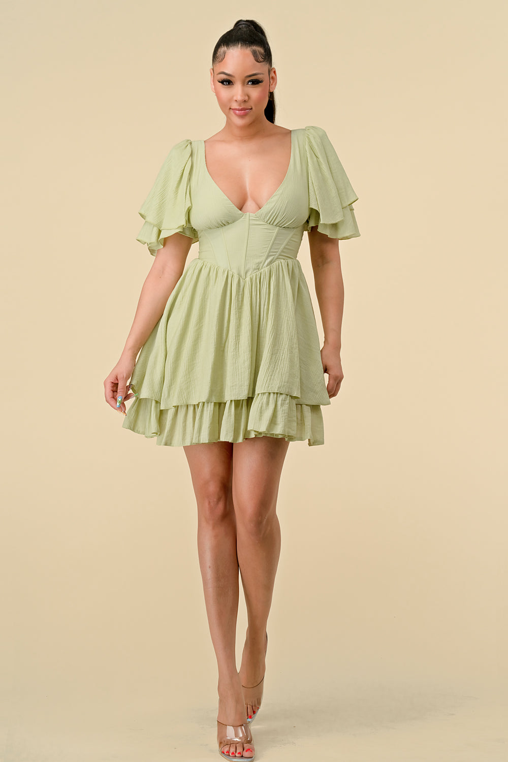 Cocktail Dresses Short Ruffle Sleeve V Neck Mini Dress Sage