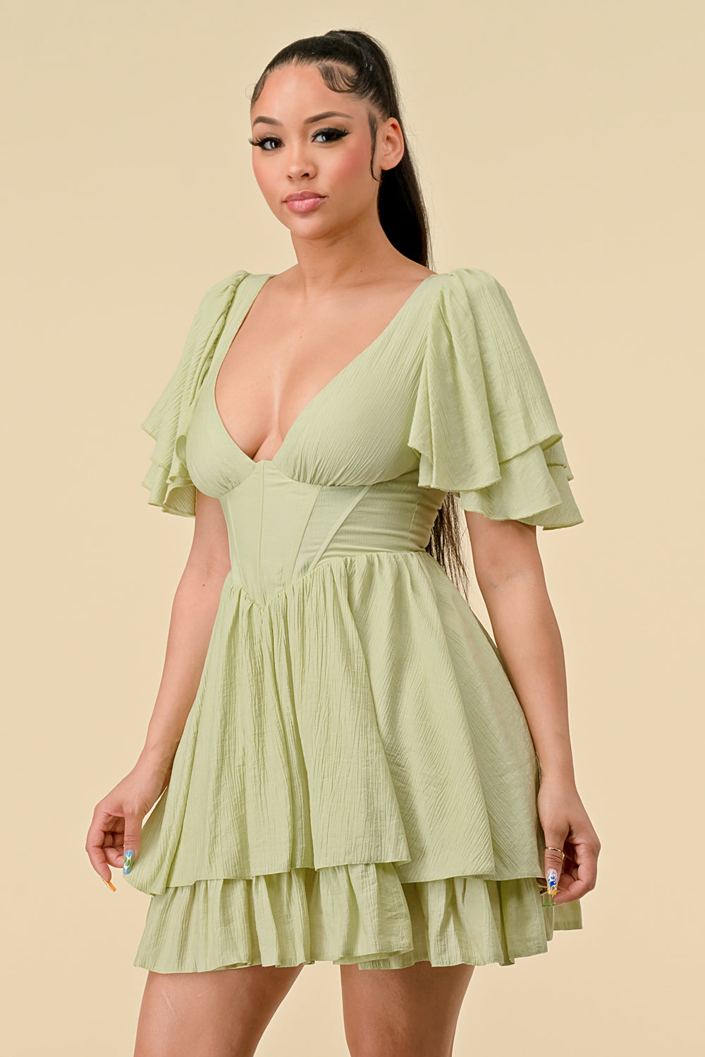 Cocktail Dresses Short Ruffle Sleeve V Neck Mini Dress Sage
