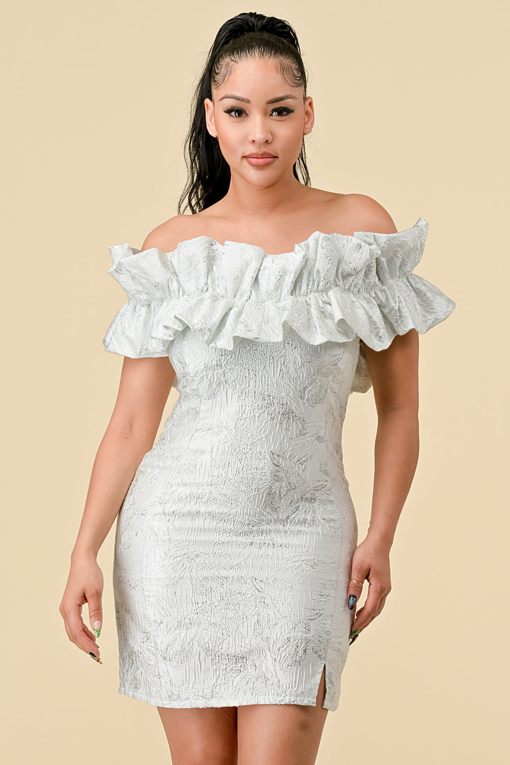 Cocktail Dresses Short Off Shoulder Ruffle Jacquard Mini Dress Off White