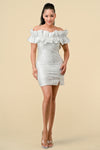 Cocktail Dresses Short Off Shoulder Ruffle Jacquard Mini Dress Off White
