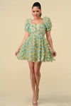 Cocktail Dresses Short Puff Sleeve Chiffon 3D Flower Mini Dress Green Combo