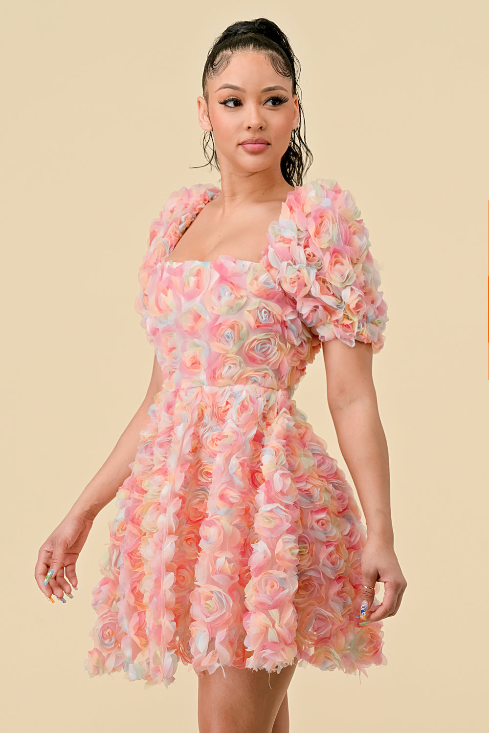 Cocktail Dresses Short Puff Sleeve Chiffon 3D Flower Mini Dress Pink Combo