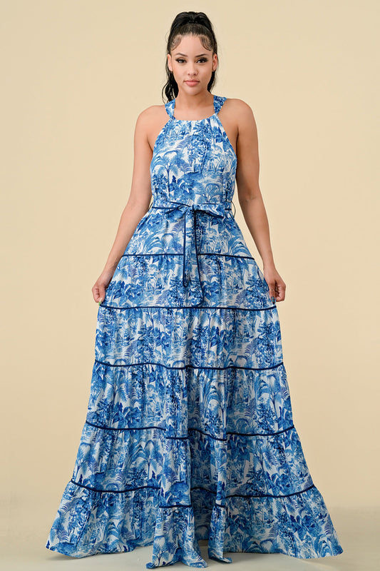 Formal Dresses Long Halter Tiered Printed Maxi Dress Blue Combo