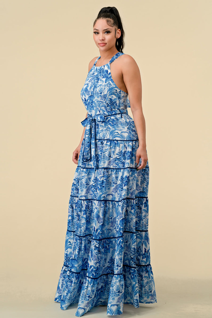 Formal Dresses Long Halter Tiered Printed Maxi Dress Blue Combo