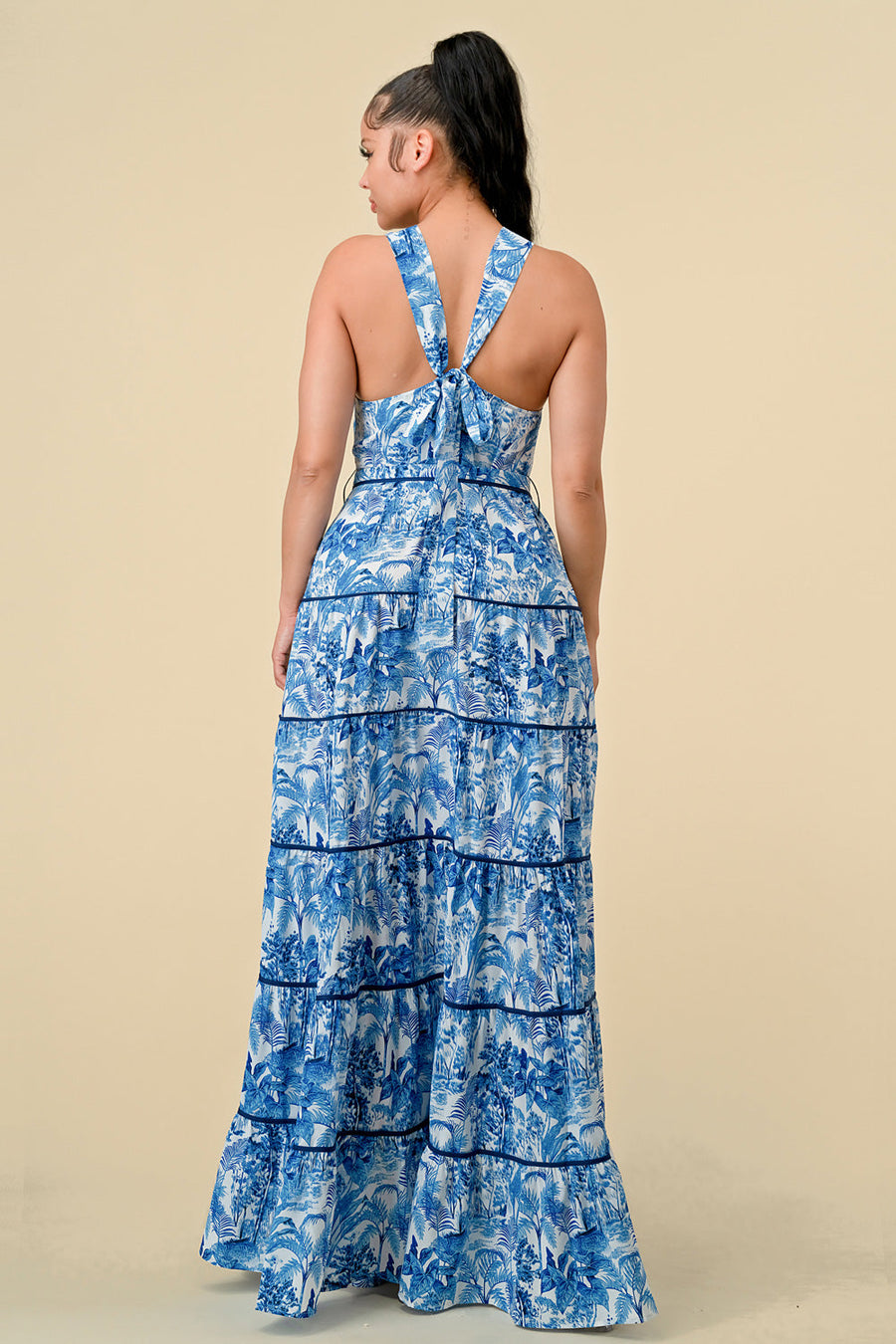 Formal Dresses Long Halter Tiered Printed Maxi Dress Blue Combo