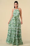 Formal Dresses Long Halter Tiered Printed Maxi Dress Green Combo