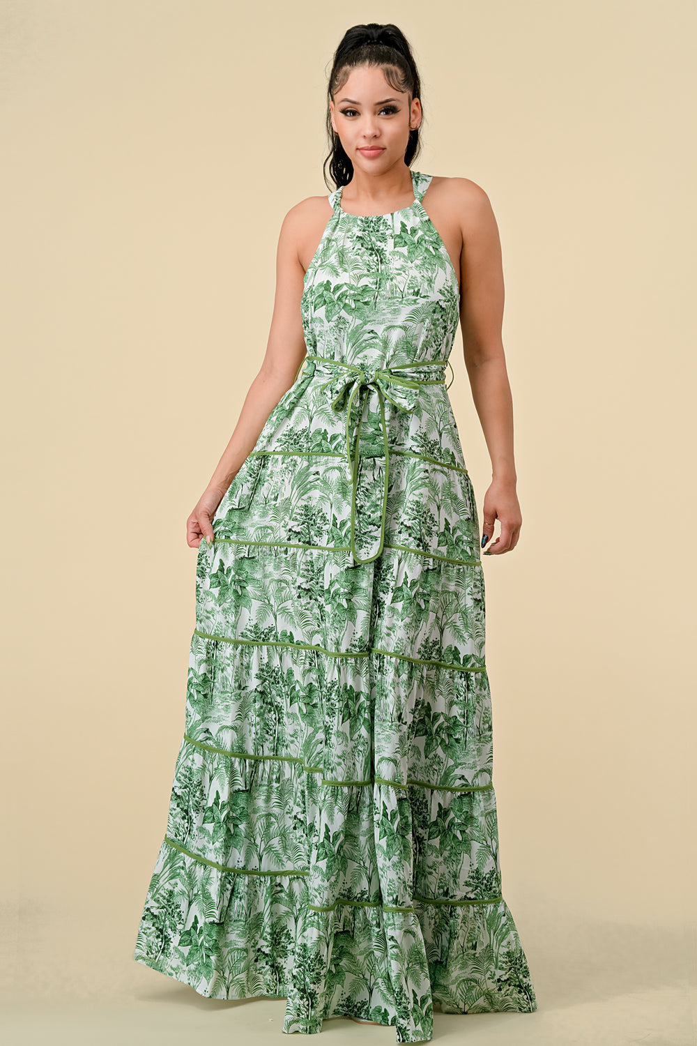 Formal Dresses Long Halter Tiered Printed Maxi Dress Green Combo