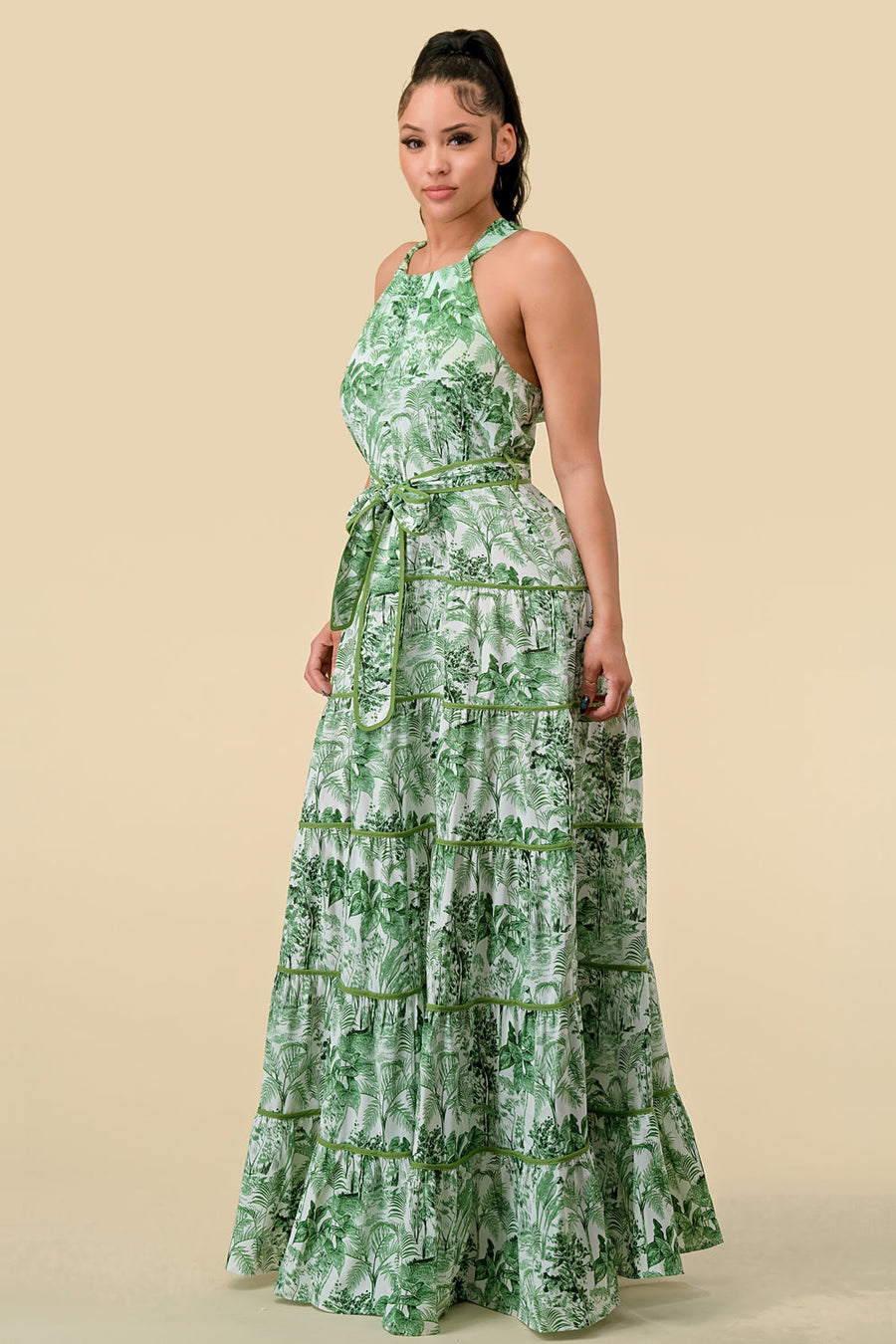 Formal Dresses Long Halter Tiered Printed Maxi Dress Green Combo