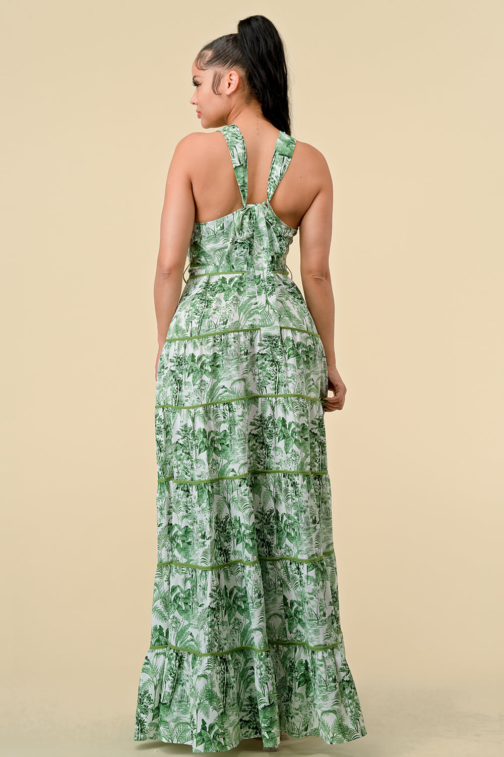 Formal Dresses Long Halter Tiered Printed Maxi Dress Green Combo