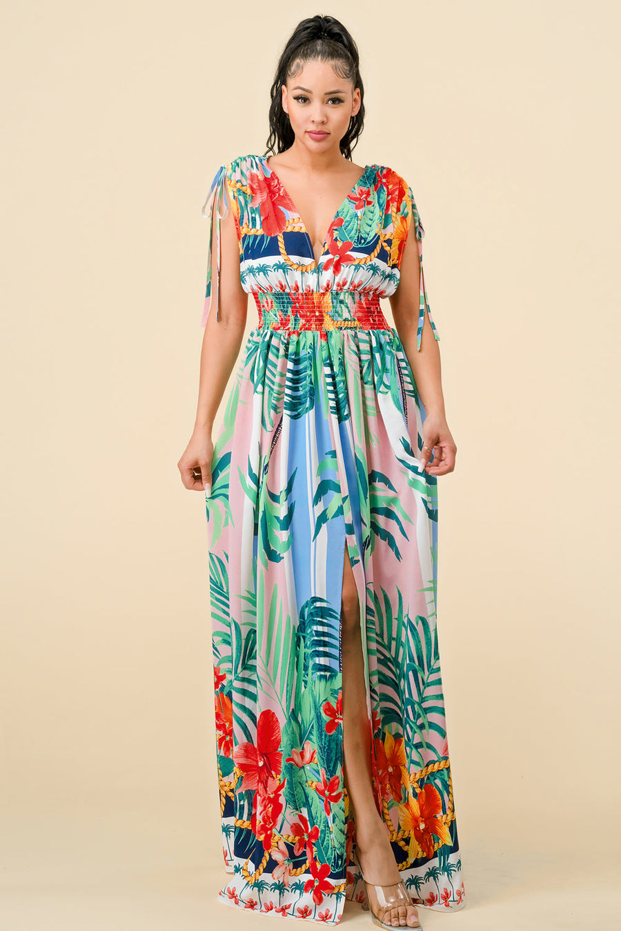 Formal Dresses Long Cap Sleeve Tropical Print Maxi Dress Pink Combo