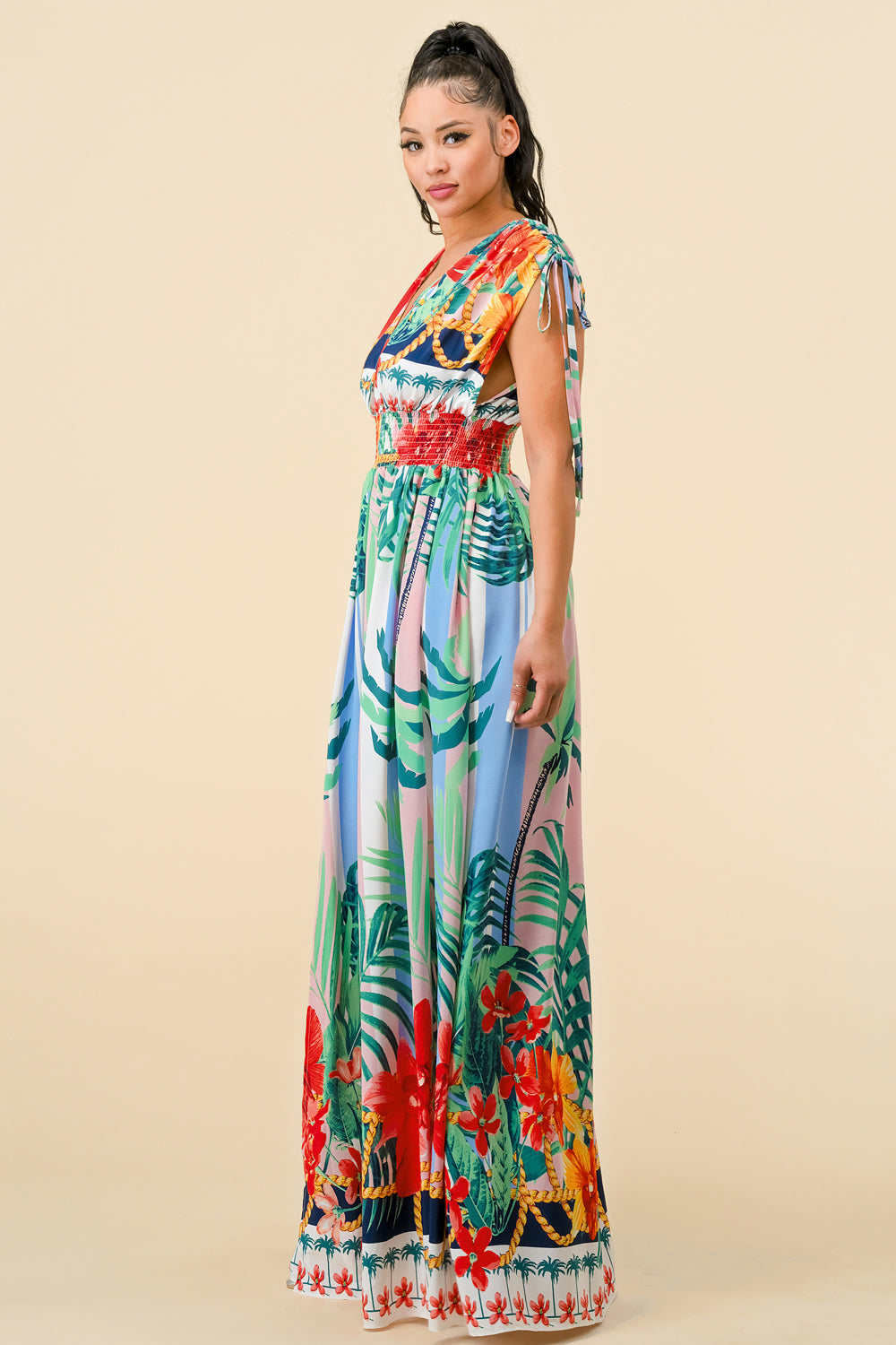 Formal Dresses Long Cap Sleeve Tropical Print Maxi Dress Pink Combo
