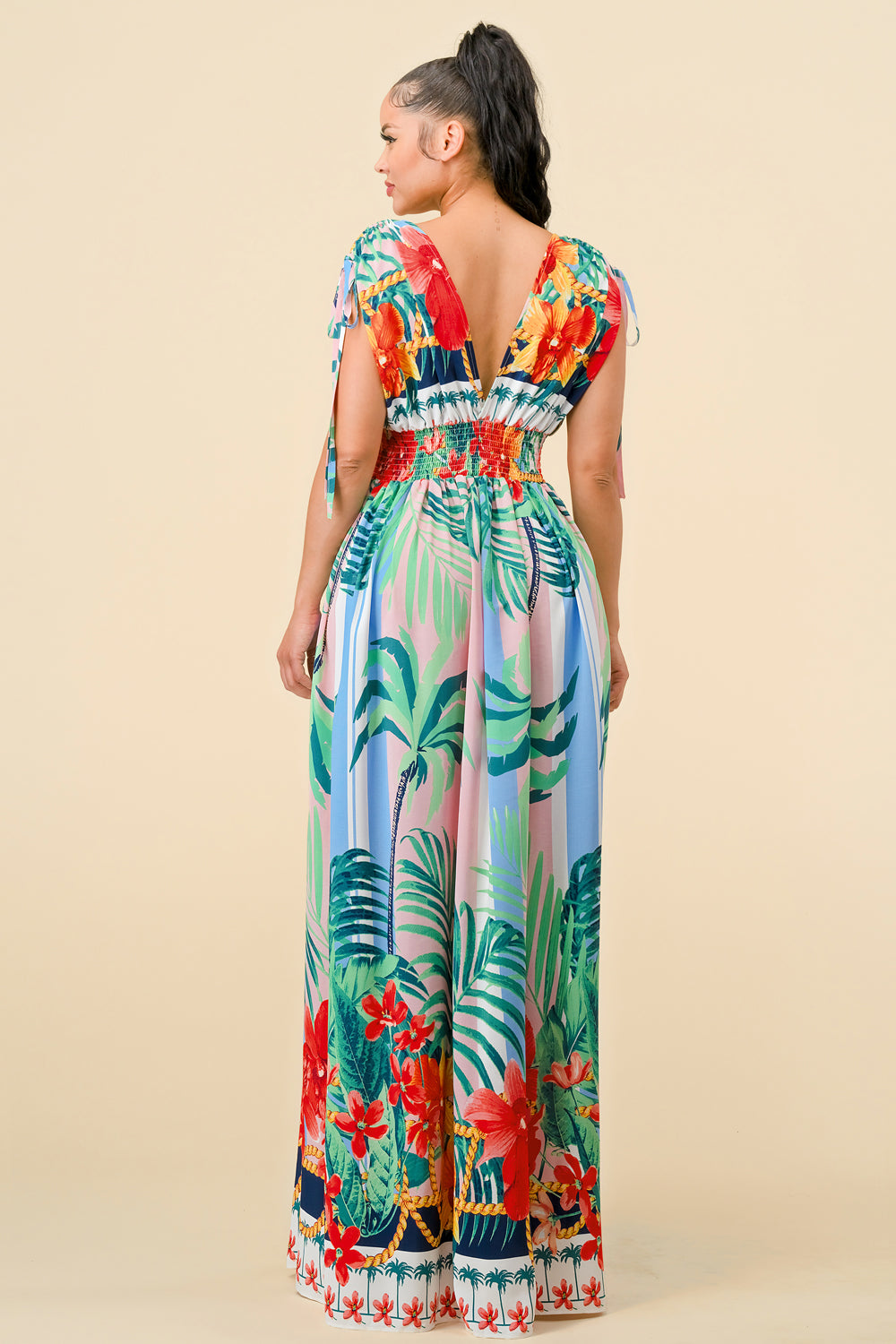 Formal Dresses Long Cap Sleeve Tropical Print Maxi Dress Pink Combo