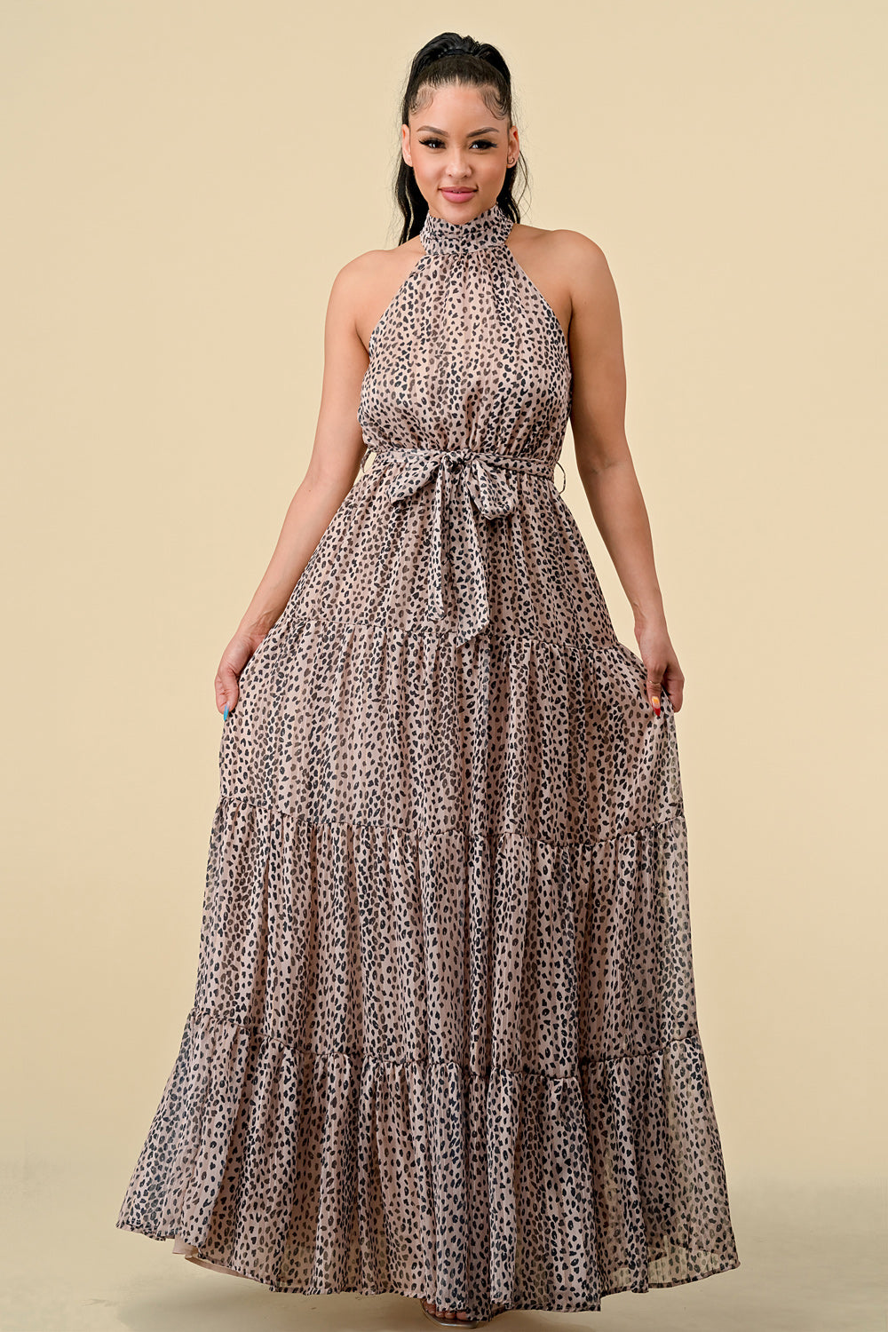 Formal Dresses Long Halter Animal Print Tiered Maxi Dress Nude Combo