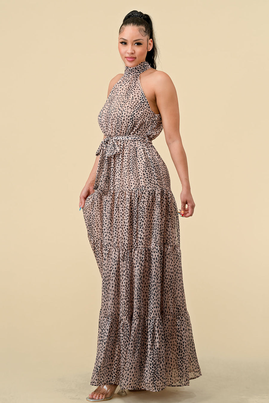 Formal Dresses Long Halter Animal Print Tiered Maxi Dress Nude Combo