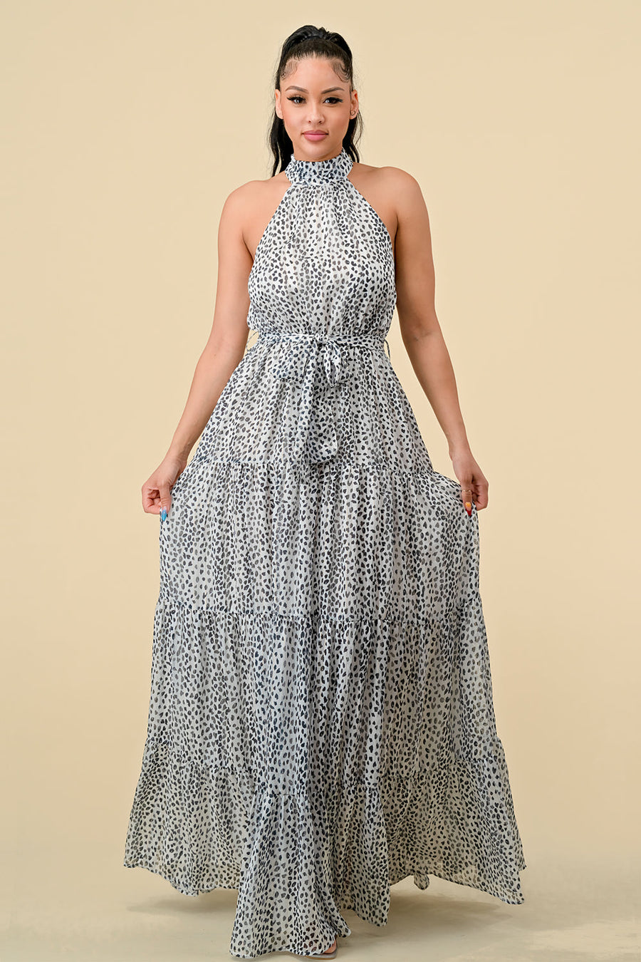Formal Dresses Long Halter Animal Print Tiered Maxi Dress Off White Combo