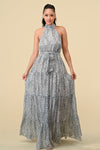 Formal Dresses Long Halter Animal Print Tiered Maxi Dress Off White Combo