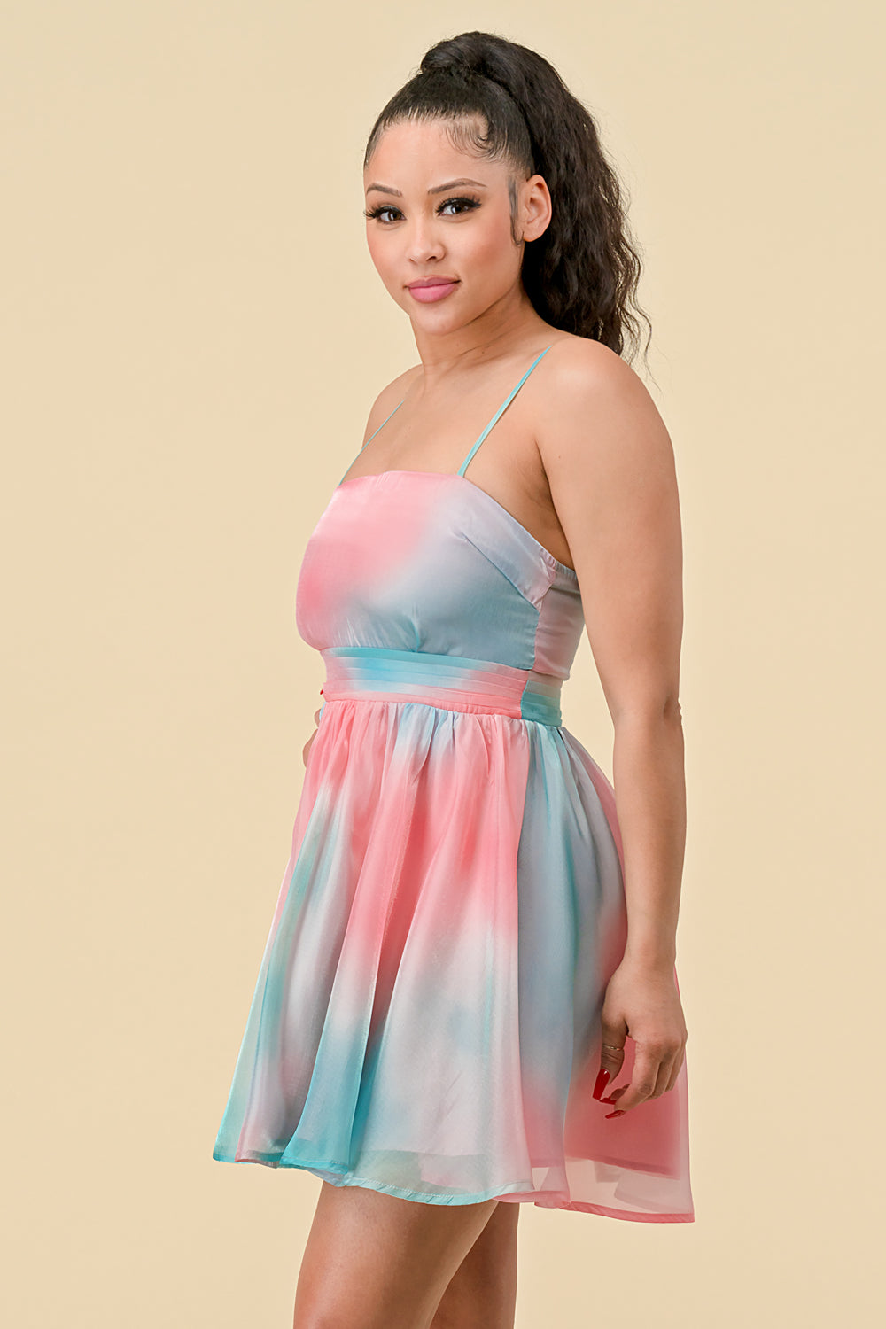 Cocktail Dresses Short Spaghetti Strap Printed Chiffon Dress Pink/Mint