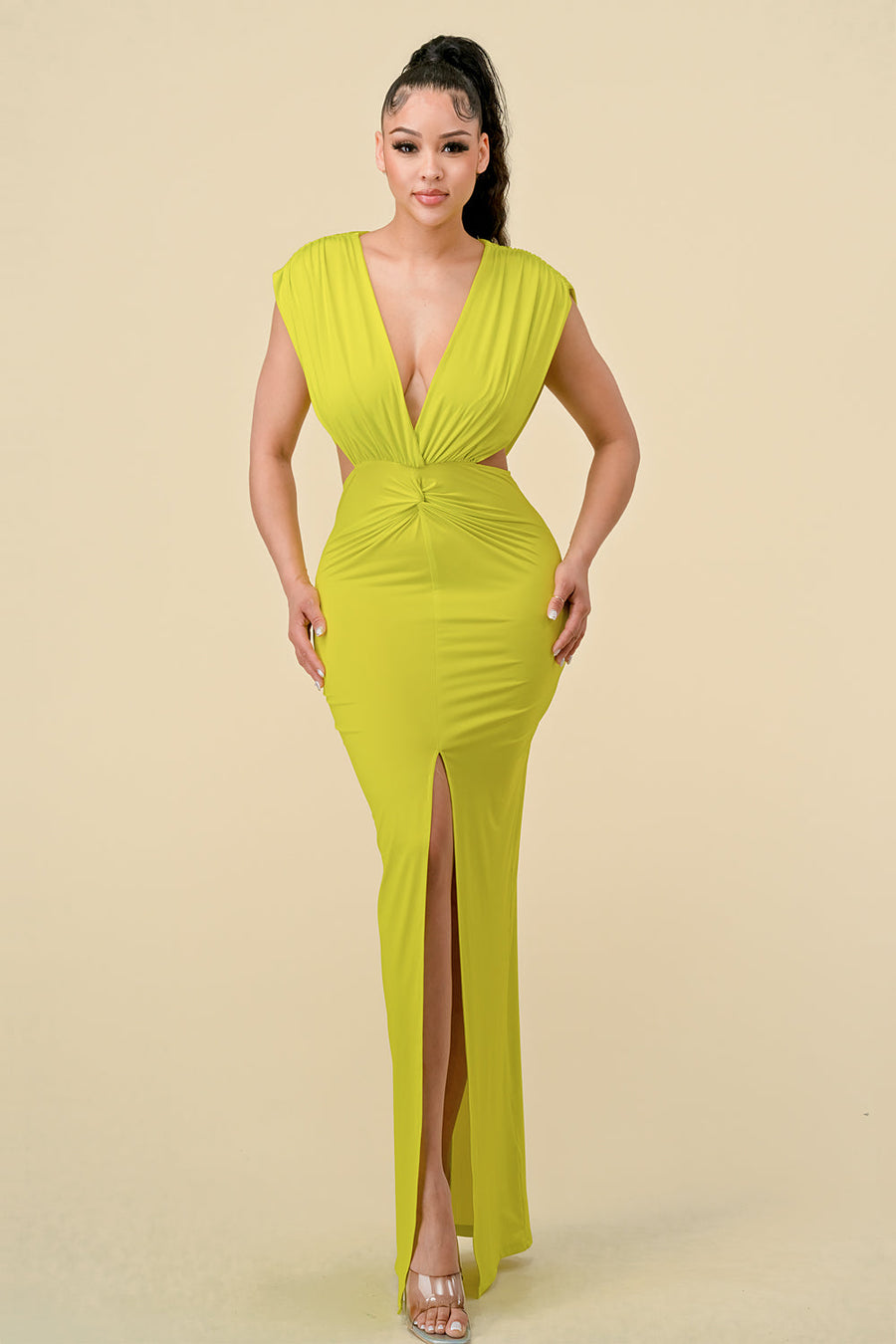 Formal Dresses Long V Neck Waist Twisted Dress Neon