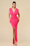 Formal Dresses Long V Neck Waist Twisted Dress Hot Pink
