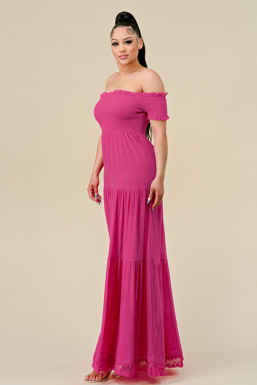 Formal Dresses Long Off Shoulder Ruched Maxi Dress Fuchsia