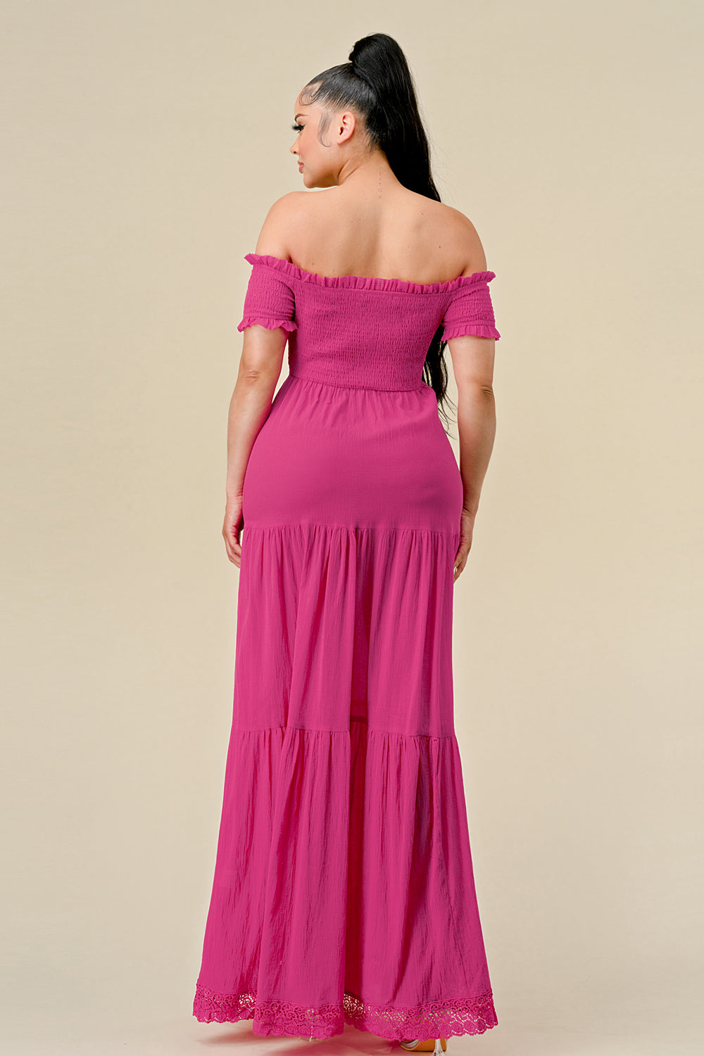 Formal Dresses Long Off Shoulder Ruched Maxi Dress Fuchsia
