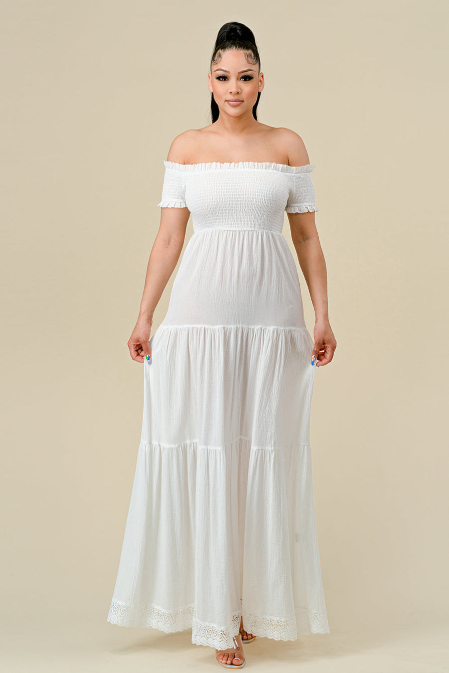 Formal Dresses Long Off Shoulder Ruched Maxi Dress Off White