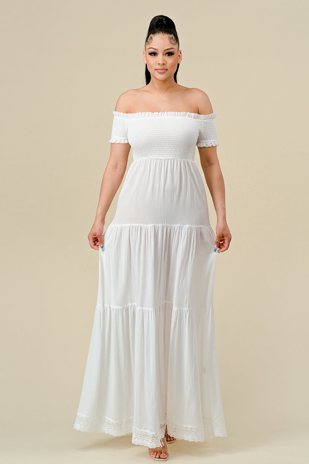 Formal Dresses Long Off Shoulder Ruched Maxi Dress Off White