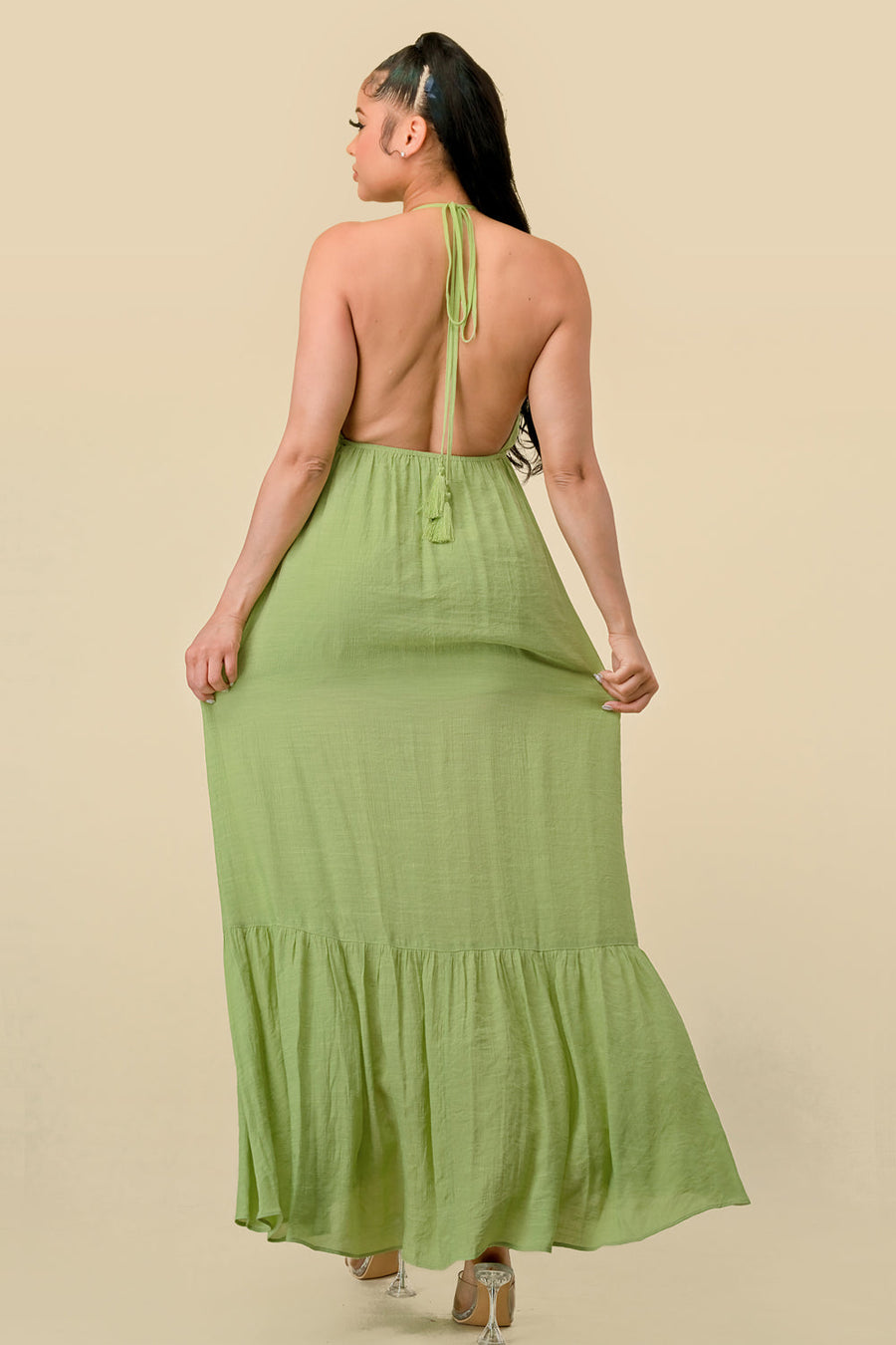 Formal Dresses Long Halter Ruffled Slit Maxi Dress L. Green