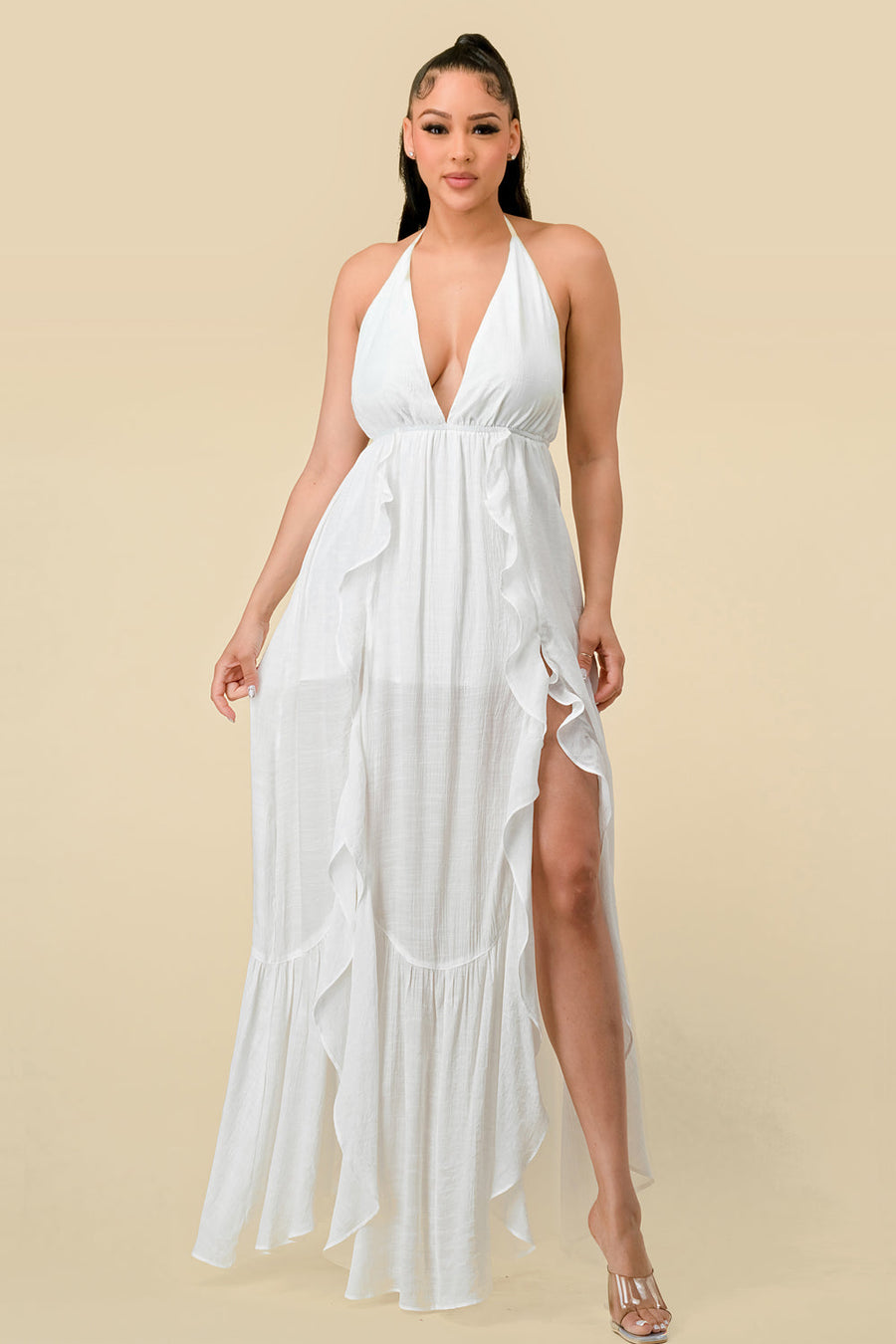 Formal Dresses Long Halter Ruffled Slit Maxi Dress Off White
